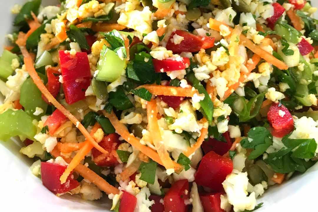 Cauliflower Rice Salad with Turmeric Vinaigrette Dressing