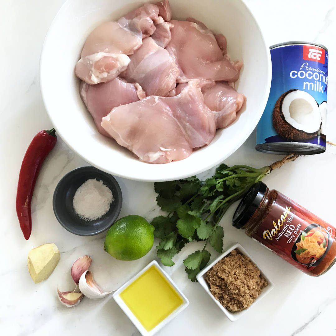 ingredients for making thai flavoured coconut chicken thigh fillets
