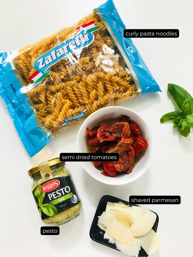 flat lay of a packet of past, sun dried tomatoes, jar of pest and shaved parmesan with words explaining what they are