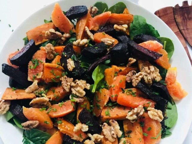 Roasted Beetroot and Sweet Potato Salad with Orange Vinaigrette