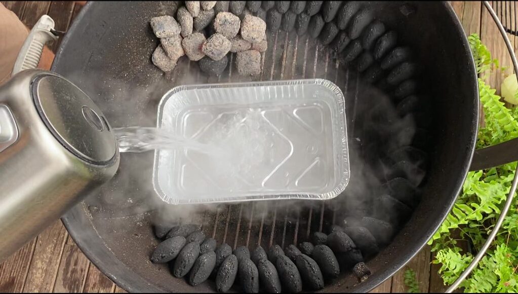 add foil tray with water