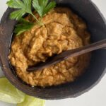 authentic thai peanut sauce in a coconut bowl