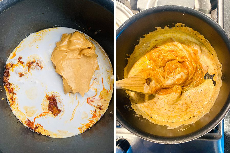 adding coconut milk and peanut butter