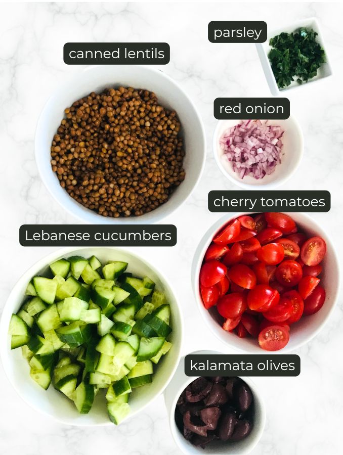 ingredients for healthy mediterranean lentil salad
