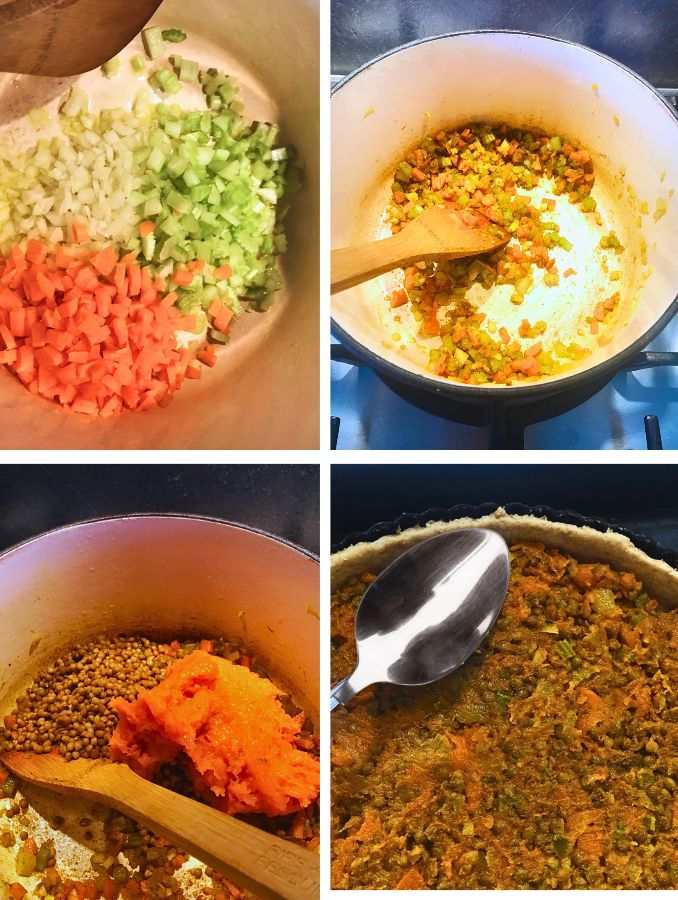 making the filling for curried lentil pie 