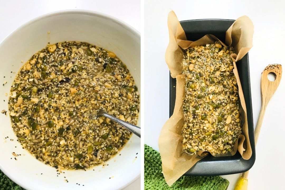 mixing the seeds and eggs for gluten free bread and pouring into the loaf tin