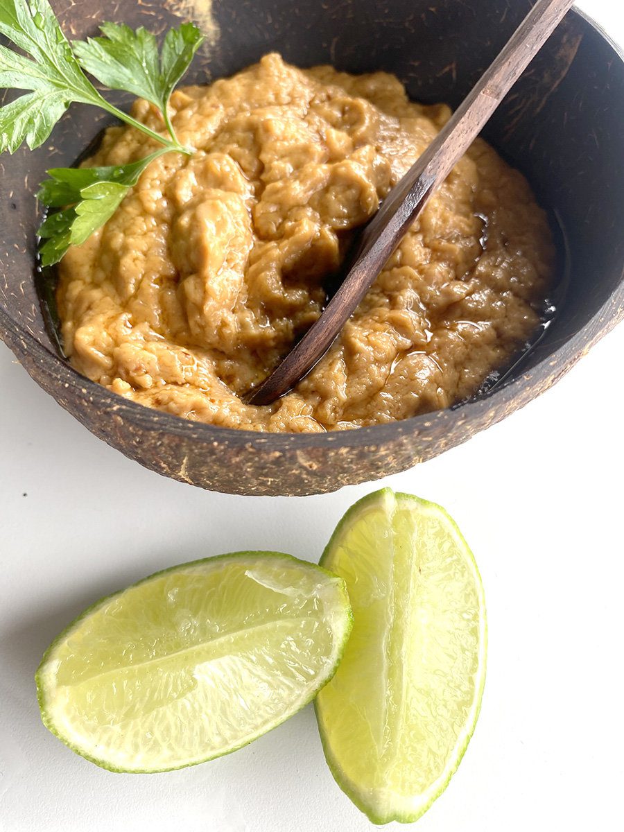 thai peanut sauce in coconut bowl