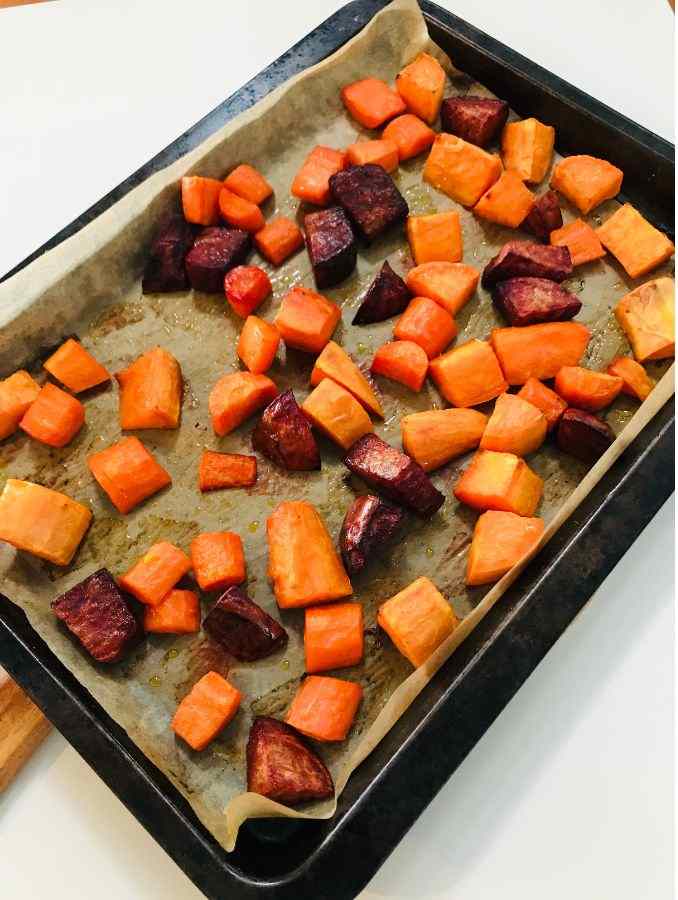 tray bake roasted sweet potato beetroot and carrot